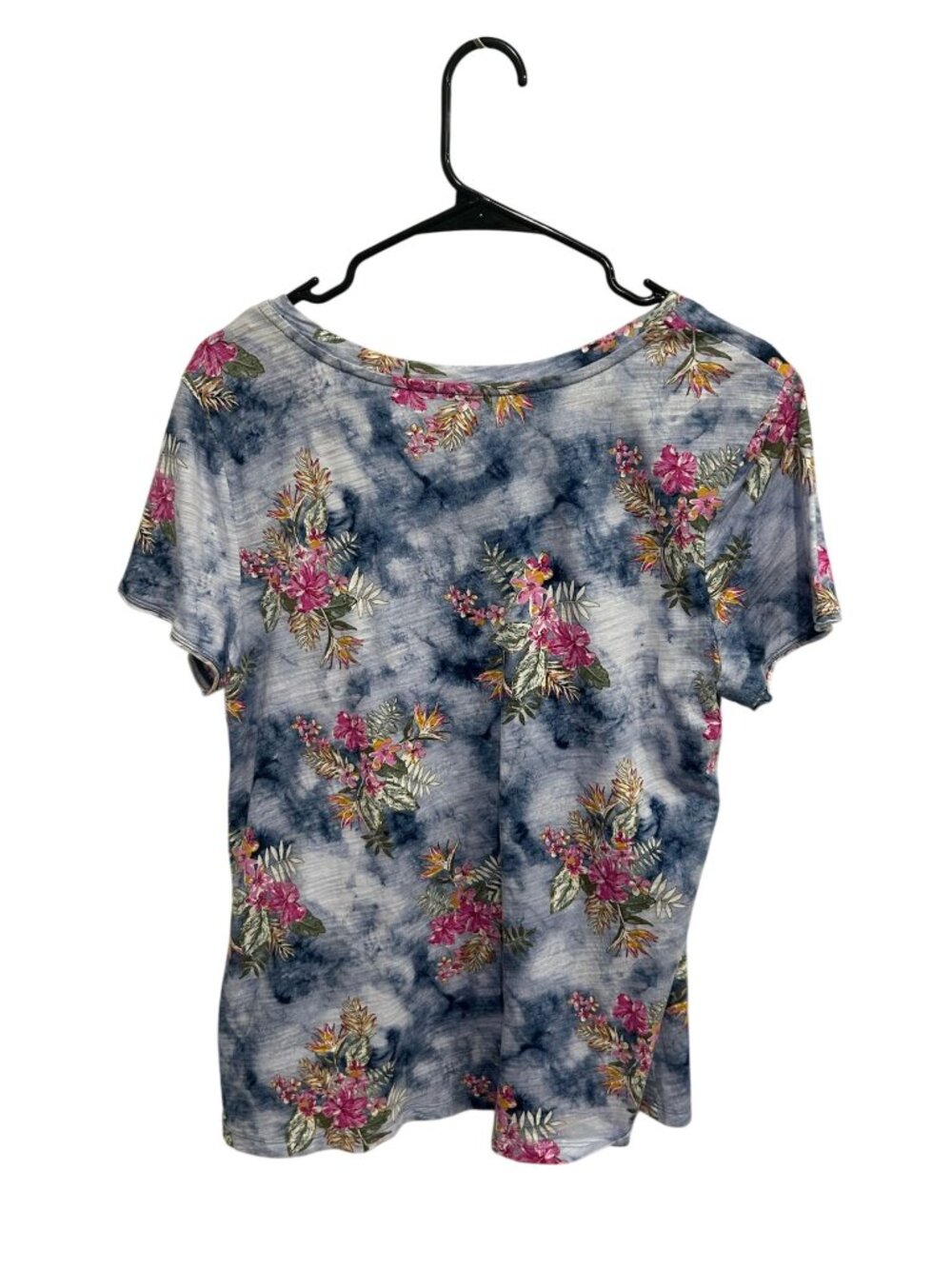 Dept 222 Large Blue Floral Tie-Dye V-Neck Pocket T-Shirt Boho Art - Picture 2 of 10